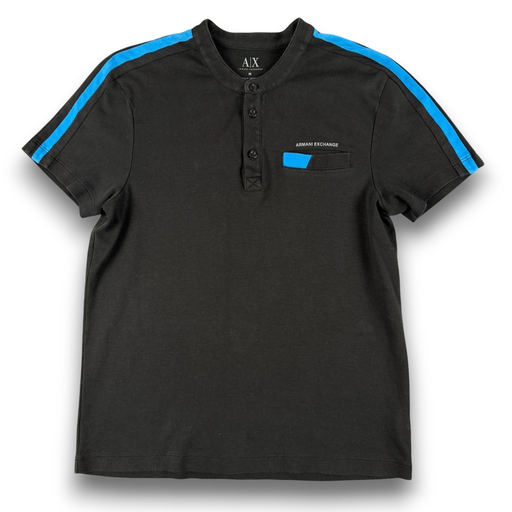 Armani Exchange A|X Henley Shirt‎ Mens M Black Blue Stripe Short Sleeve Logo